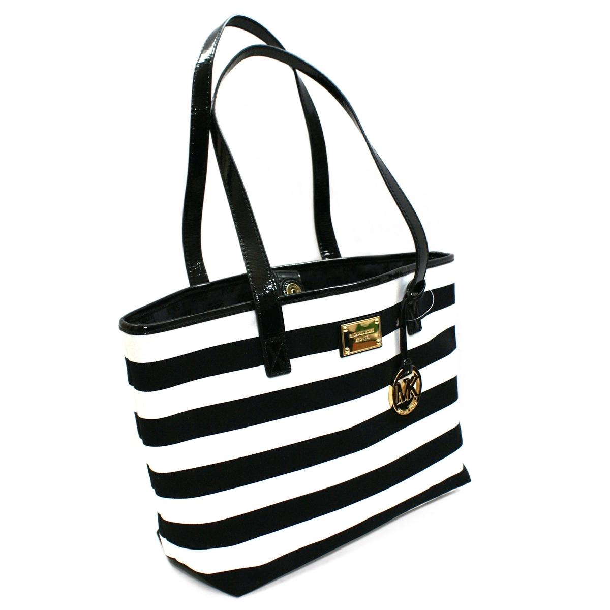 Michael Kors Summer Stripe East West Canvas Tote Black/ White #38T3XURT3C | Michael Kors 38T3XURT3C