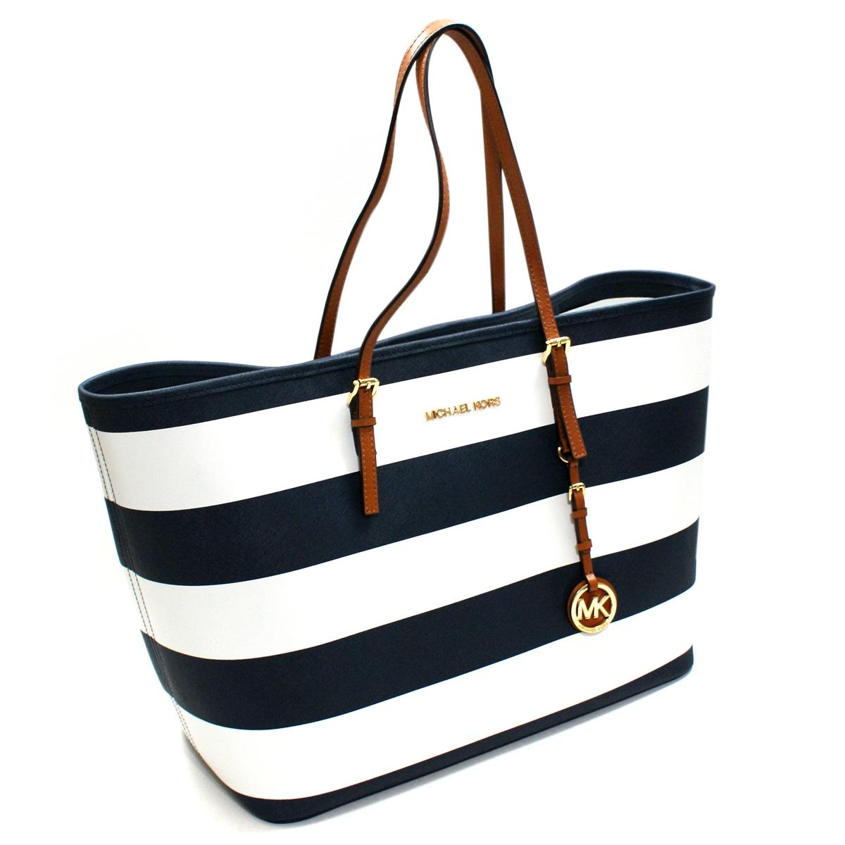 Michael Michael Kors Jet Set Travel Navy White Stripe Small Tote