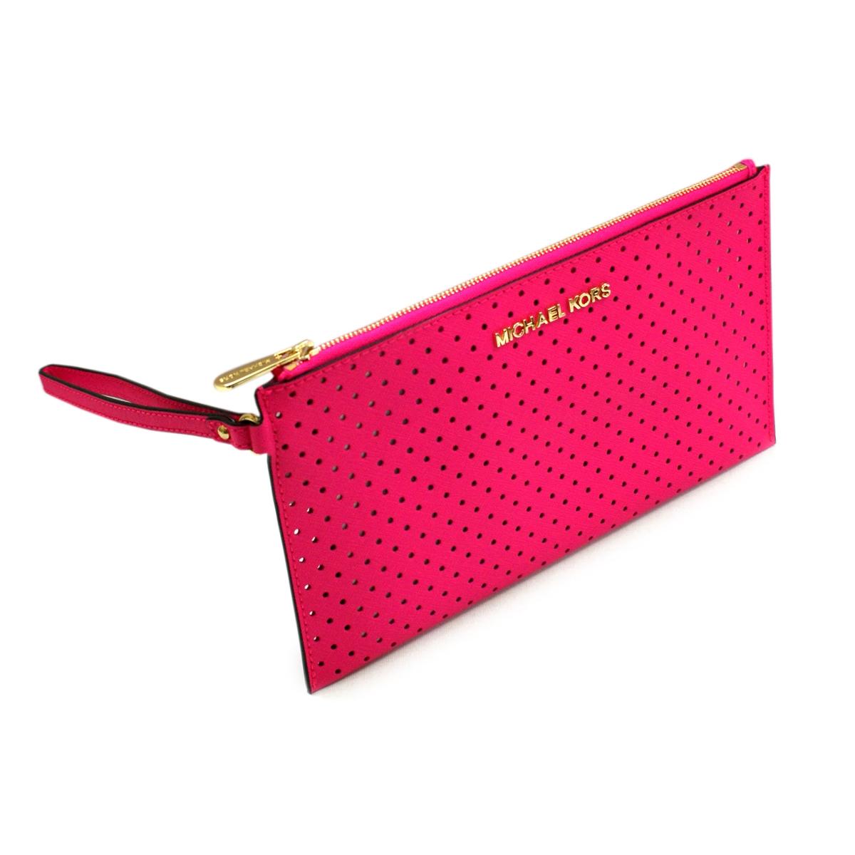 Michael Kors Jet Set Travel Genuine Leather Flat Large Zip Clutch/ Wristlet Neon Pink ...