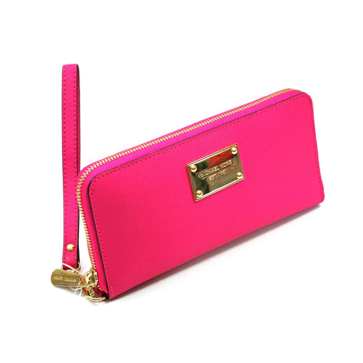Michael Kors Saffiano Neon Pink Genuine Leather Iphone Continental Zip Around Wallet/ Clutch ...