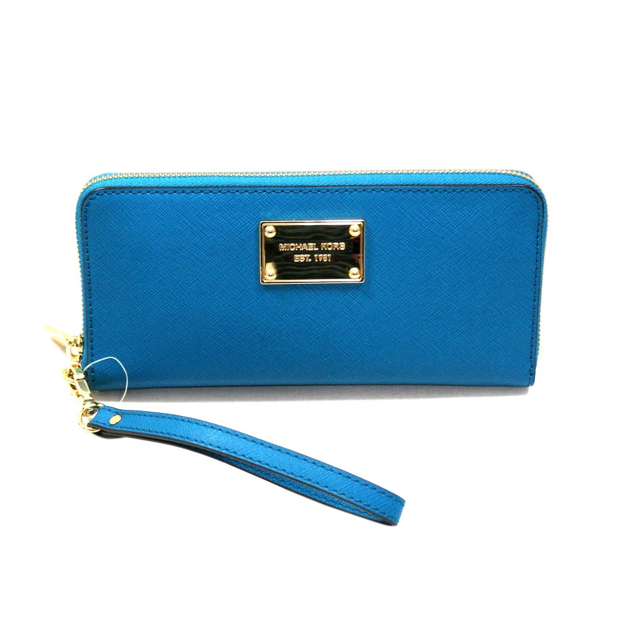 Michael Kors Saffiano Turquoise Genuine Leather Iphone Continental Zip Around Wallet/ Clutch