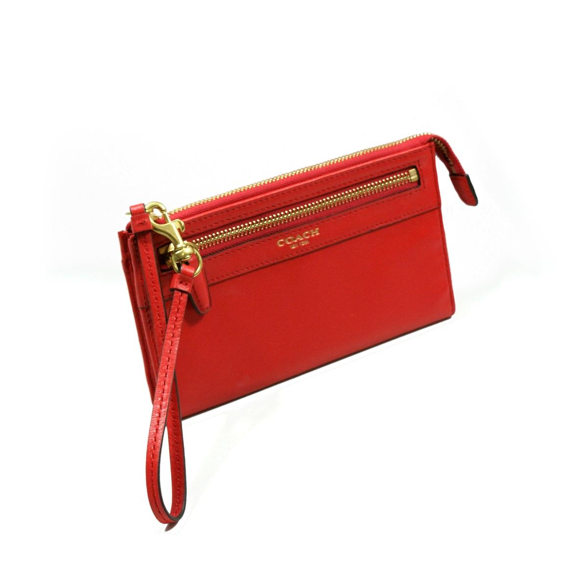 Coach Box Leather Zipper Wristlet/ Wallet Red #48688B | Coach 48688B