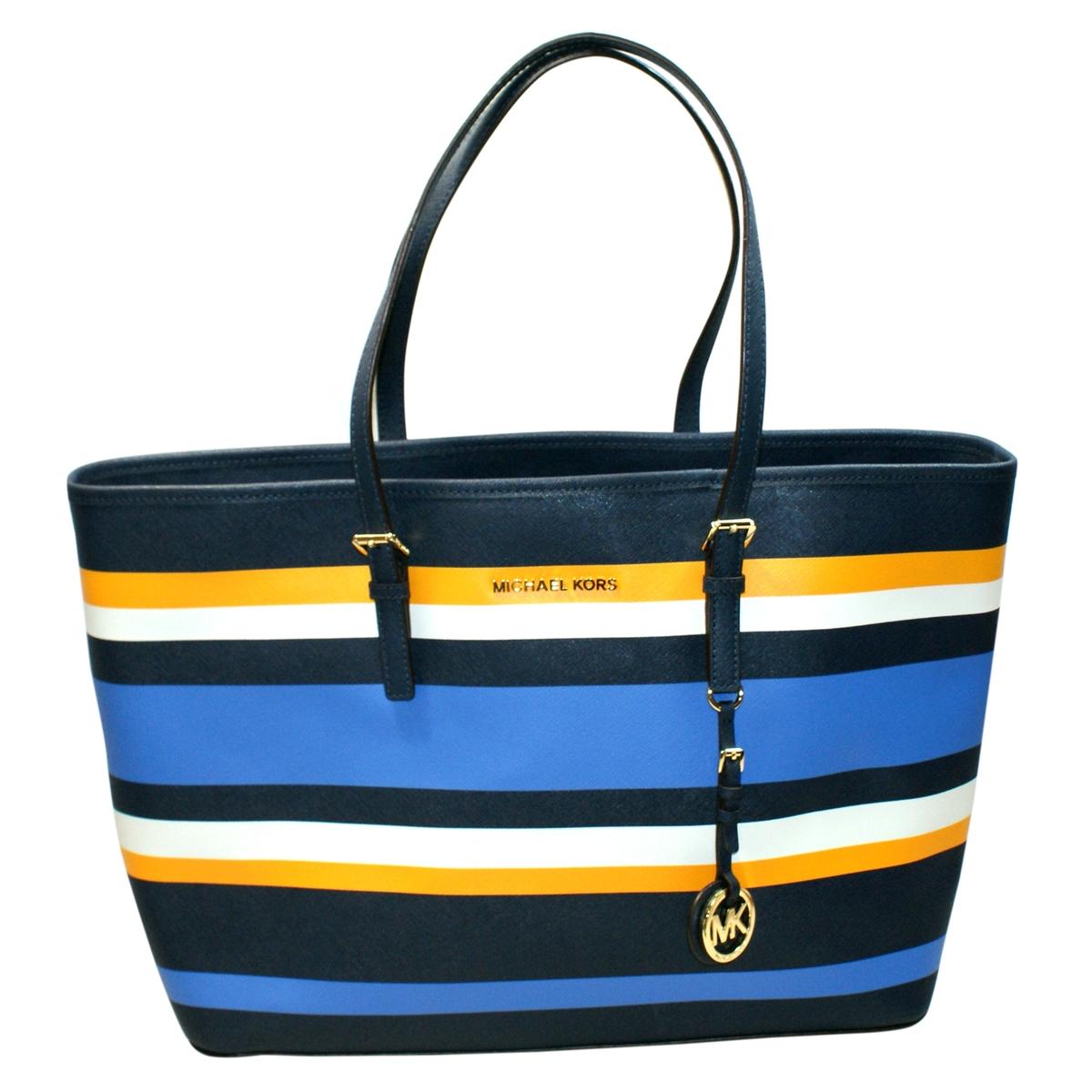 Michael Kors Navy Multi Leather Medium Travel Stripe Multifunction Tote Bag #30T4GVST6R