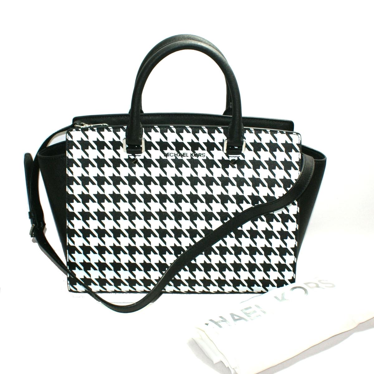 Michael Kors Selma Genuine Leather Large Satchel/ Shoulder Bag Houndstooth White Black ...