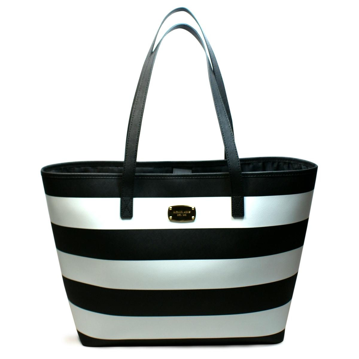 michael kors black and white striped tote